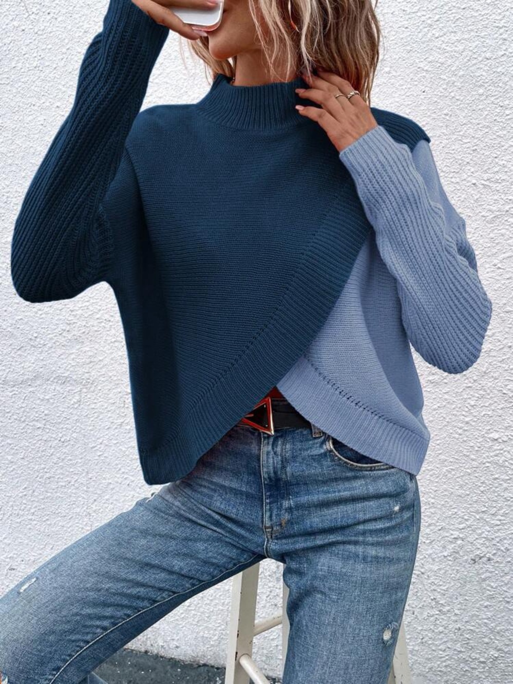 Split-Front Contrast Mock Neck Sweater